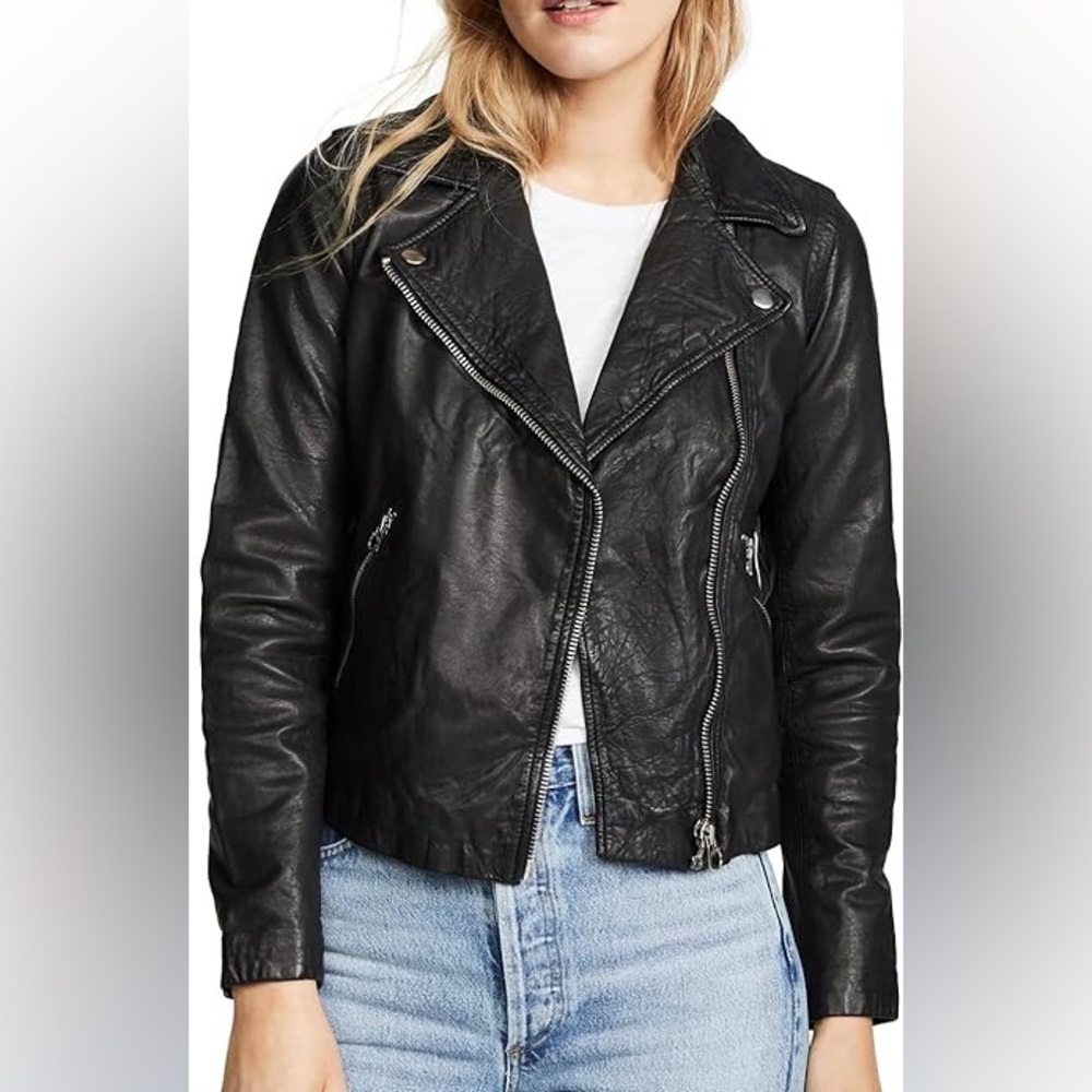 Madewell The Washed Leather Motorcycle Jacket in True Black Size Small
